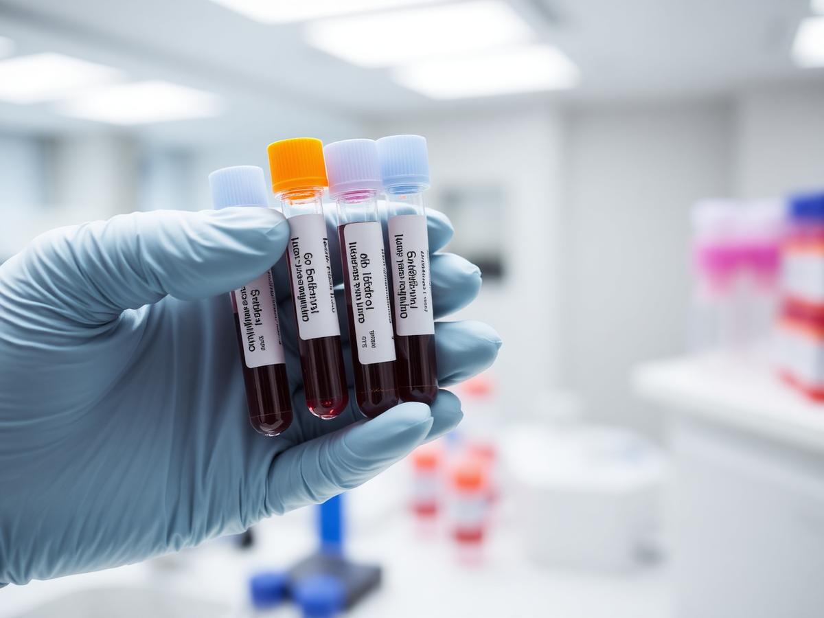 Gloved hands holding labelled blood sample tubes
